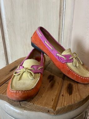 Vaneli Tri-Color Suede Driving Moccasins in Orange, Pink & Cream